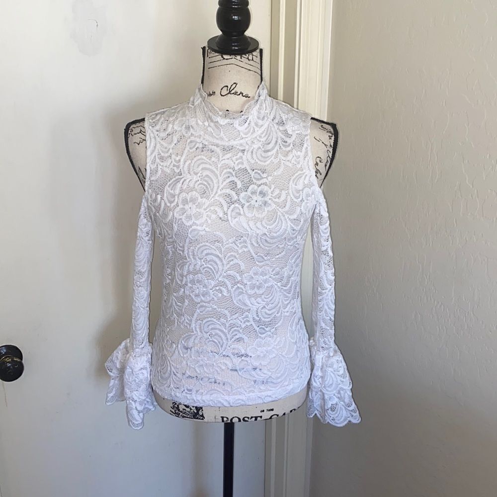 Bebe White Lace Cold Shoulder Top
